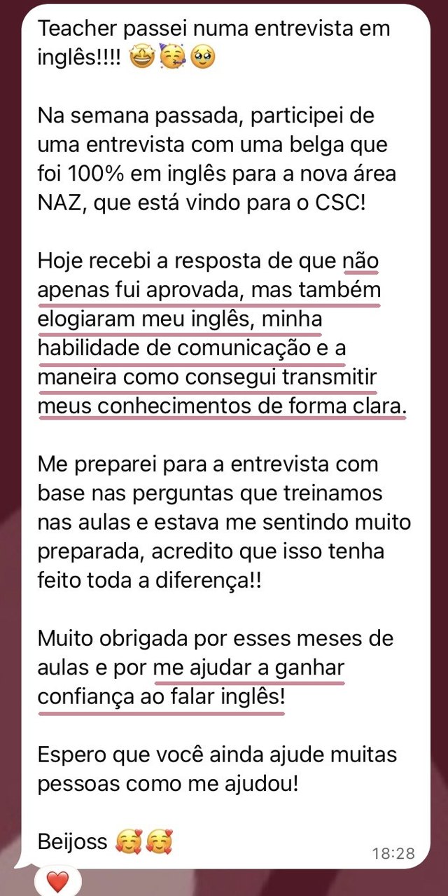 Mensagem de aluno: Entrevista 100% em inglês