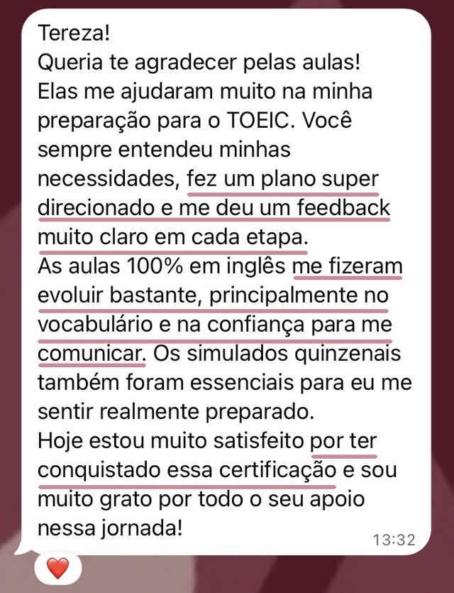 Mensagem de aluno: Certificação TOEIC